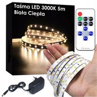 ZESTAW Taśma LED 3000K BIAŁA CIEPŁA 5m - TAŚMA+ ZASILACZ+ PILOT+