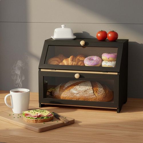 Chlebak zamykany, dwupoziomowy, szafka na pieczywo, bambusowy, czarny na Arena.pl