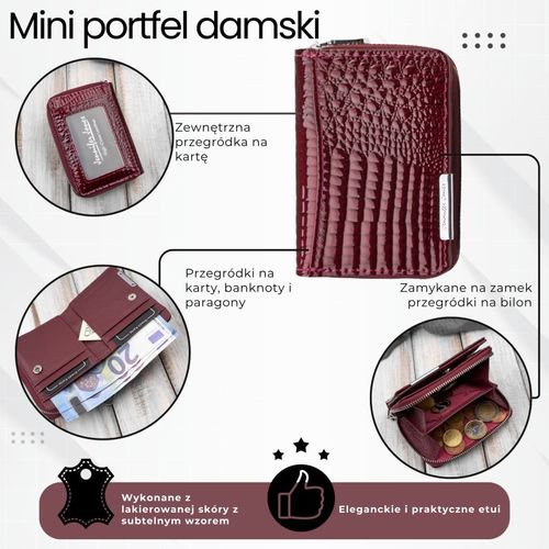 portfel damski skórzany mini burgundowy skóra naturalna lakierowana na Arena.pl