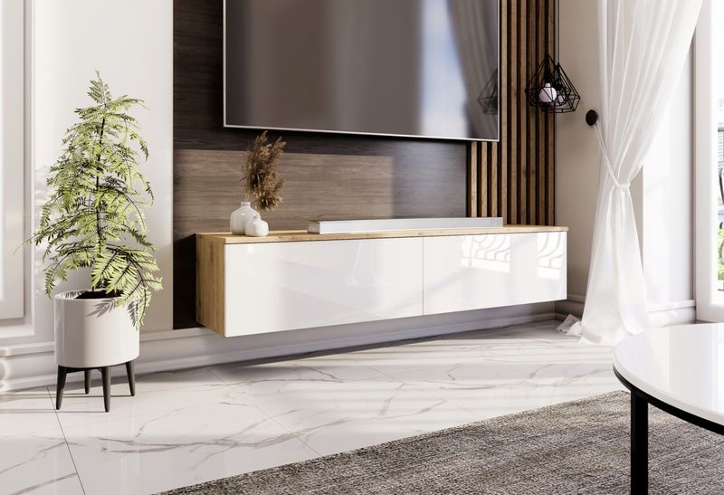 Wisząca szafka RTV 150cm biała/dąb artisan zdjęcie 3