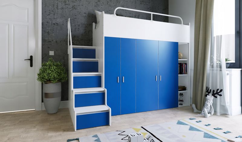 Łóżko piętrowe JSM2 90x200 + duża szafa i otwarty regał szary kolor zdjęcie 7