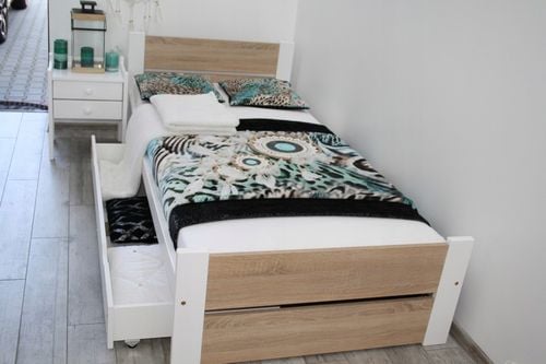 Łóżko pojedyncze drewniane LEA 90x200 białe Dąb Sonoma stelaż na Arena.pl