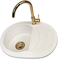 Zlewozmywak jednokomorowy z ociekaczem VIGOR biały z prawym ociekaczem + bateria VERVO złota