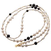 Naszyjnik długi - Białe Perły hodowane, Turmalin i srebro złocone