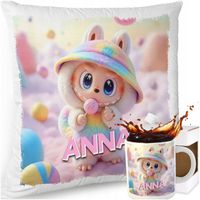 ZESTAW PODUSZKA KUBEK SŁODKI POTWOREK LABUBU LALKA WZORY PREZENT IMIĘ