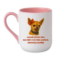 KUBEK "OGÓLNIE JESTEM MIŁA, ALE JAK KTOŚ MNIE WKURWI, ZDEJMUJĘ KOKARDĘ" Wzór - Elegant Coffee Różowy 330 ml