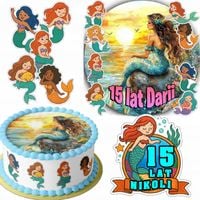 ZESTAW OPŁATEK NA TORT 20CM + 16 POSTACI - SYRENA + IMIĘ 15CM 18CM