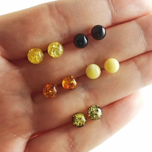 Okrągłe Bursztynowe Srebrne Kolczyki Sztyfty Wkrętki Srebro 925 Mleczne zdjęcie 4