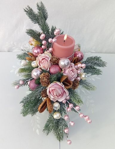 Stroik świąteczny z różową świecą LED w lustrznej doniczce 43×41×34 cm na Arena.pl