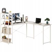 Biurko komputerowe narożne półkami regałem białe eleganckie szkolne loft