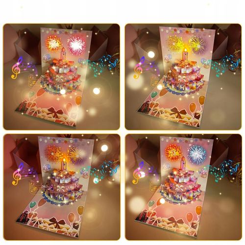 Kartka URODZINOWA GRAJĄCA Melodia ŚWIATŁO TORT LED ZDMUCHNIJ ŚWIECZKĘ Magia na Arena.pl