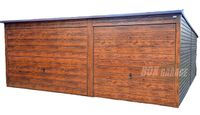 GARAŻ BLASZANY 6m x 6m poziom - spad tył - 2x Brama uchylna ciemny orzech - drewnopodobny BOX74 6x6