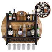 Drewniany barek na ścianę półka barowa ścienna na alkohol i kieliszki – barek wiszący loft vintage GOLD Weekend Drinking