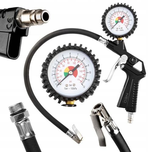 NEO PISTOLET DO POMPOWANIA KÓŁ Z MANOMETREM 0-12 BAR ZACZEP + WĘŻYK 14-714 na Arena.pl