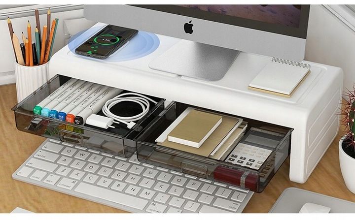 PÓŁKA PODSTAWKA POD MONITOR Z SZUFLADKAMI BIAŁA NADSTAWKA NA BIURKO RK2 zdjęcie 4