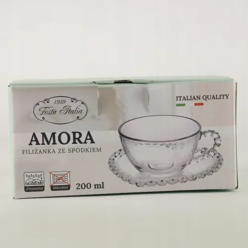 FILIŻANKA ZE SPODKIEM SZKLANA AMORA 200ML NA KAWĘ UNIWERSALNA WZÓR SERCE na Arena.pl