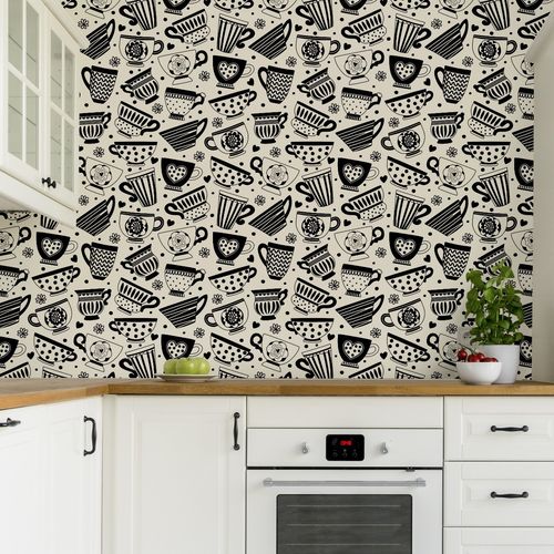 Tapeta Do Kuchni Jadalni Filiżanki Kubki Wzorki Serduszka na Arena.pl