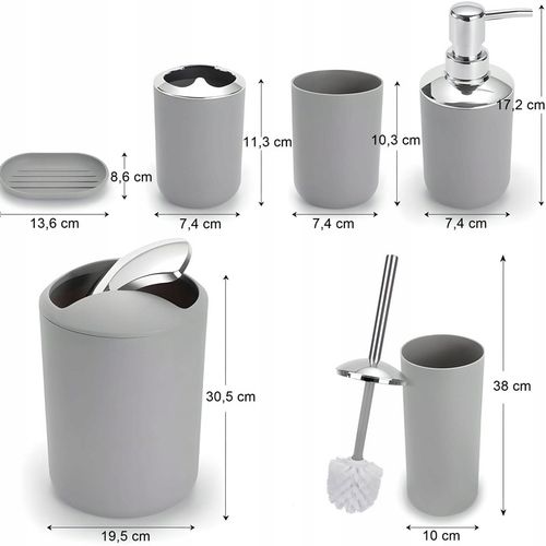 ZESTAW ŁAZIENKOWY 6 ELEMENTÓW AKCESORIA DO WC KOSZ DOZOWNIK SZARY na Arena.pl