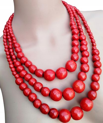 GÓRALSKIE CZERWONE KORALE DREWNIANE ZESTAW FOLK POTRÓJNE STOPNIOWANE LUDOWE na Arena.pl