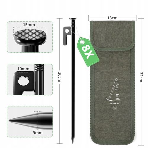 kotwy do trampoliny Solidne kotwa do ziemi 9mm 30cm 8szt z workiem czarny na Arena.pl