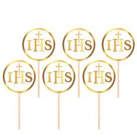 Pikery na babeczki komunia święta komunijne IHS biało-złote, 6 szt.