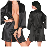 SZLAFROK DAMSKI SATYNOWY CZARNY WIĄZANY L/XL