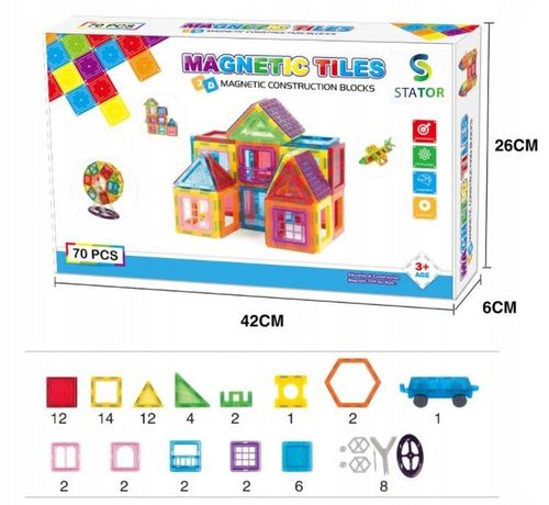 DUŻE Klocki Magnetyczne 3D Konstrukcyjne Magnetic Tiles 70 el. Edukacja na Arena.pl