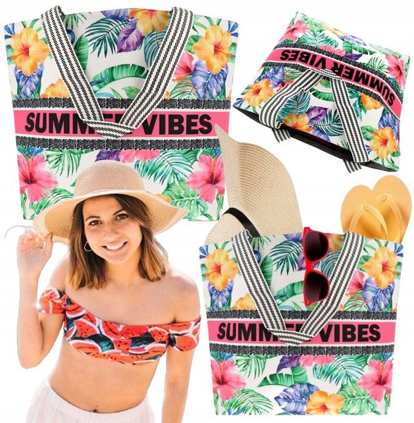 V2 TORBA PLAŻOWA SUMMER VIBES ZAPINANA SHOPPER TOREBKA NA PLAŻĘ PIKNIK MIX zdjęcie 1