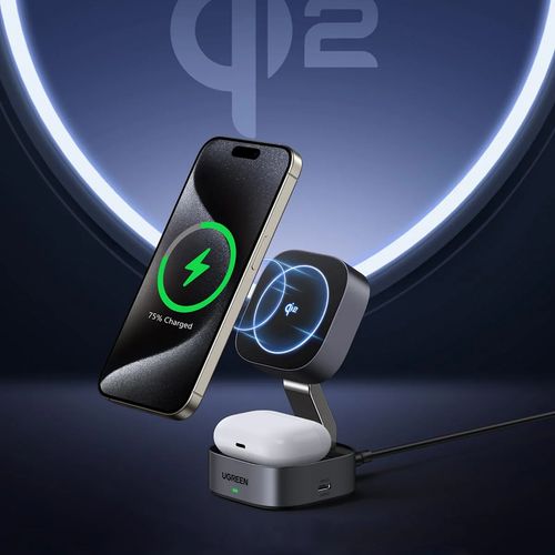 3w1 Ładowarka indukcyjna MagSafe Qi2 USB-C do telefonu słuchawek - czarna na Arena.pl