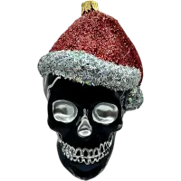 Bombka choinkowa szCzaszka w czapce świętego Mikołaja z srebrnymi akcentami