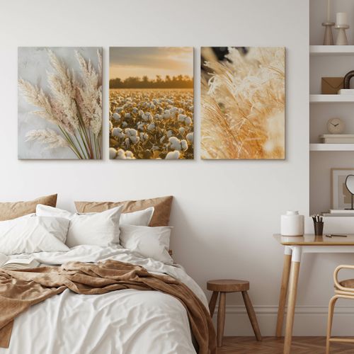 Obrazy Do Sypialni Set Pejzaż Zachód Słońca Trawy Bawełna Boho 90cm x 40cm na Arena.pl