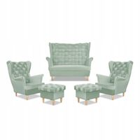 Zestaw wypoczynkowy Carol sofa fotele pufy paski seledynowy