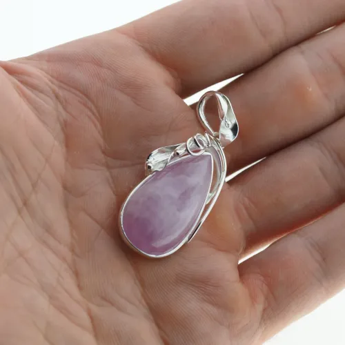 Zawieszka - Kunzyt łza w srebrze z liśćmi na Arena.pl