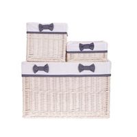 Zestaw koszy wybielanych obszytych białą tkaniną i szarą kokardą S 30x30 H15 M 30x30 H30 L 60x40 H40