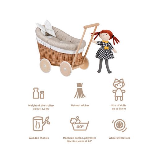 LUNA WÓZEK WIKLINOWY DLA LALEK Z OBSZYCIEM BEŻOWYM 60X30 H45 CM uniwersalny na Arena.pl