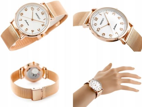 ZEGAREK DAMSKI PERFECT TINA +BOX +GRAWER cyfry bransoletka mesh złoty na Arena.pl