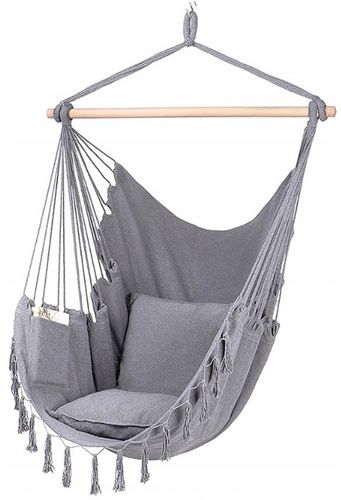 KRZESŁO BRAZYLIJSKIE FOTEL WISZĄCY HAMAK HUŚTAWKA JASNY SZARY Z PODUSZKAMI na Arena.pl