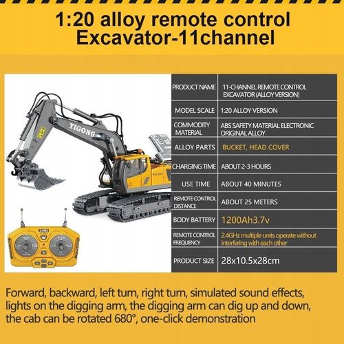 KOPARKA RC 1:20 POJAZD BUDOWLANY ZDALNIE STEROWANA Z METALOWĄ ŁOPATĄ na Arena.pl