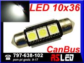 żarówka LED 3 LED SMD EKO 10x36 mm 36mm biała zimna 12v canbus