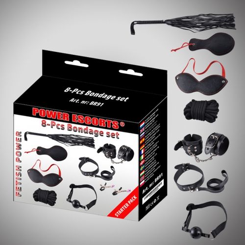 bondage set 8 pcs black cuffs / collar/ mask/ whipp/ clamps/rope etc na Arena.pl