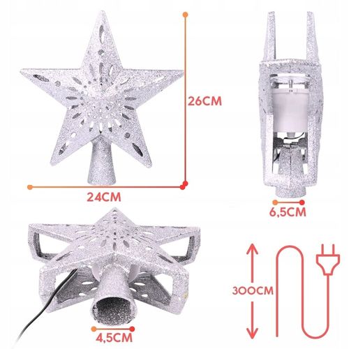 ŚWIECĄCA GWIAZDA OZDOBA NA CHOINKĘ LED Z PROJEKTOREM CZUBEK SREBRNA NA PRĄD na Arena.pl