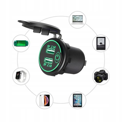 PODWÓJNA ŁADOWARKA SAMOCHODOWA GNIAZDO ZAPALNICZKI MONTAŻOWE 2x USB 5V 2.1A na Arena.pl