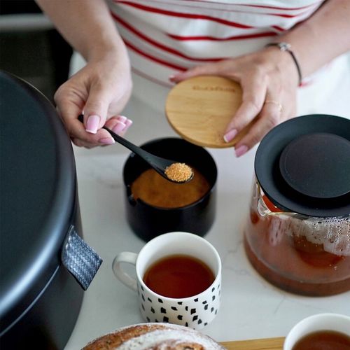 Czarna CUKIERNICA +ŁYŻECZKA pojemnik na CUKIER z bambusową POKRYWKĄ 350ml na Arena.pl