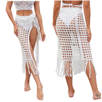 BIAŁA AŻUROWA MIDI SPÓDNICA PLAŻOWA BOHO PLAŻA LATO STYLOWA FRĘDZLE PROSTA