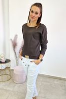 Brązowa Prążkowana Bluzka Damska ze Ściągaczem S/M