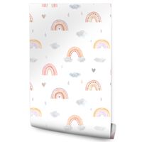 Tapeta W Rolce Dla Dziewczynki TĘCZE Akwarela Serduszka Chmurki Styl Boho