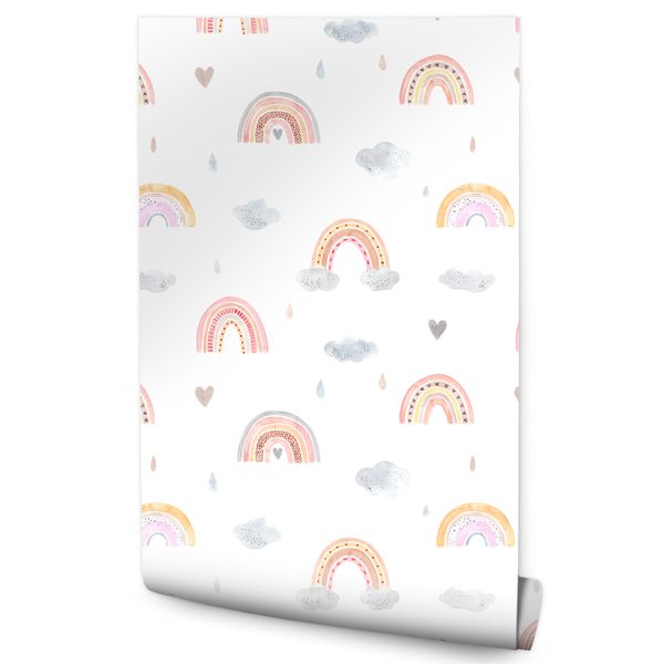 Tapeta W Rolce Dla Dziewczynki TĘCZE Akwarela Serduszka Chmurki Styl Boho zdjęcie 1