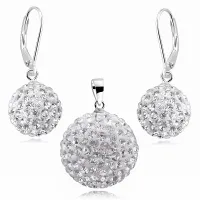 WISZĄCY SREBRNY KOMPLET BIAŁE KULKI 12MM 20MM KRYSZTAŁKI CRYSTAL BEADS