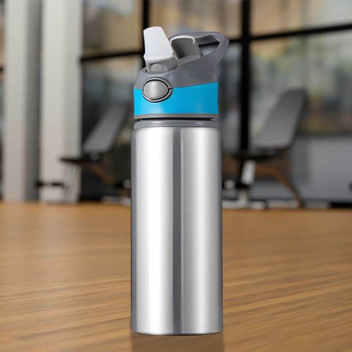 Srebrny bidon 650 ml z Twoim nadrukiem niebieska wstawka na Arena.pl