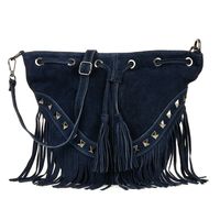 Granatowa Damska Torebka Worek Skóra Zamsz Frędzle Włoska X39